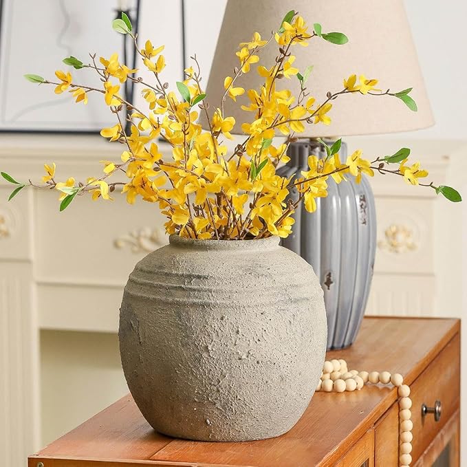Large Ceramic Flower Vase, 8.66 inch Tall Round Rustic Farmhouse Vase for Home Decor, Wide Mouth, Living Room Shelf Decor, Enterway, Table