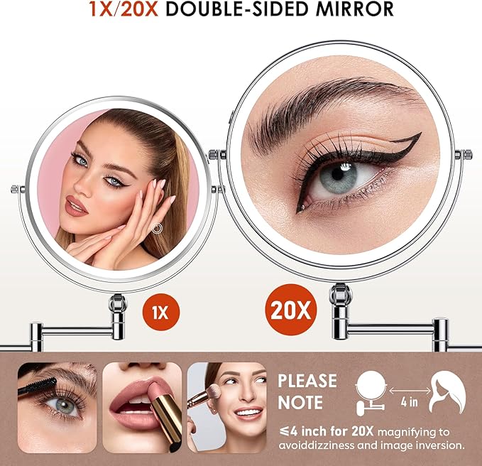 9" Wall Mounted Lighted Makeup Mirror,4000mAh Rechargeable Double Sided 1X/20X Magnifying Mirror with Light,Touch Dimmable,Extended Arm 360 Rotation Wall Mounted Makeup Mirror 3 Color Lights