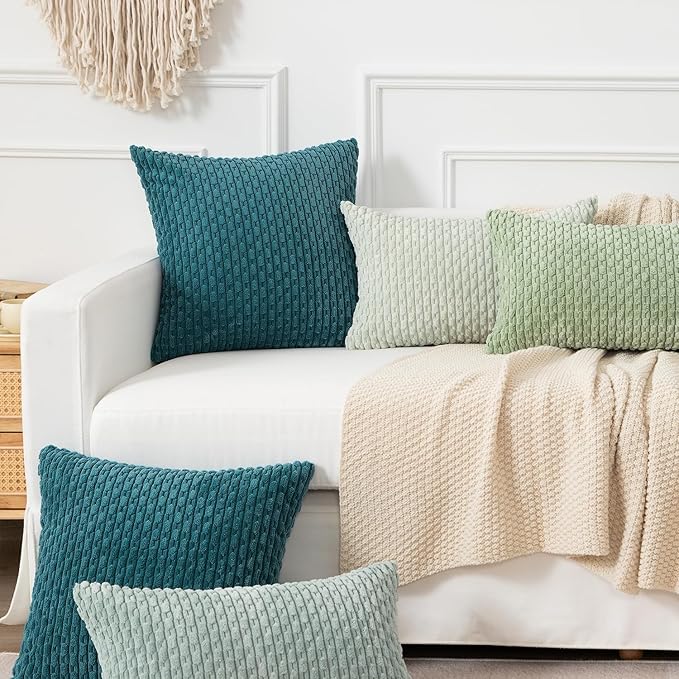Kevin Textile Throw Pillow Covers Soft Corduroy Decorative Set of 2 Boho Striped Pillow Covers Pillowcases Farmhouse Home Decor for Couch Bed Sofa Living Room 24x24 Inch Teal Blue
