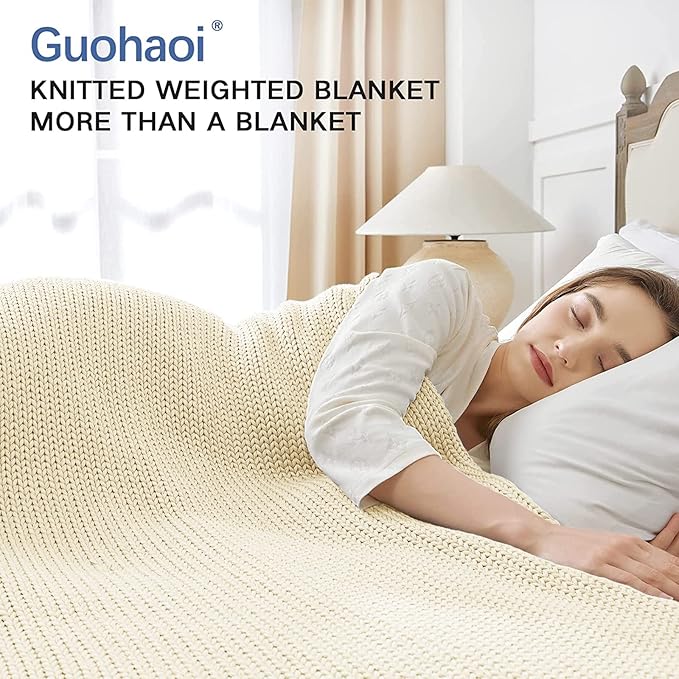 Guohaoi Knitted Weighted Blanket for Adults (Cream 48"x72" 15lbs) No Beads Cooling Throw Blanket for Hot Sleepers, Home Decor Breathable Chunky Knit Heavy Blanket Use on Full Size Bed