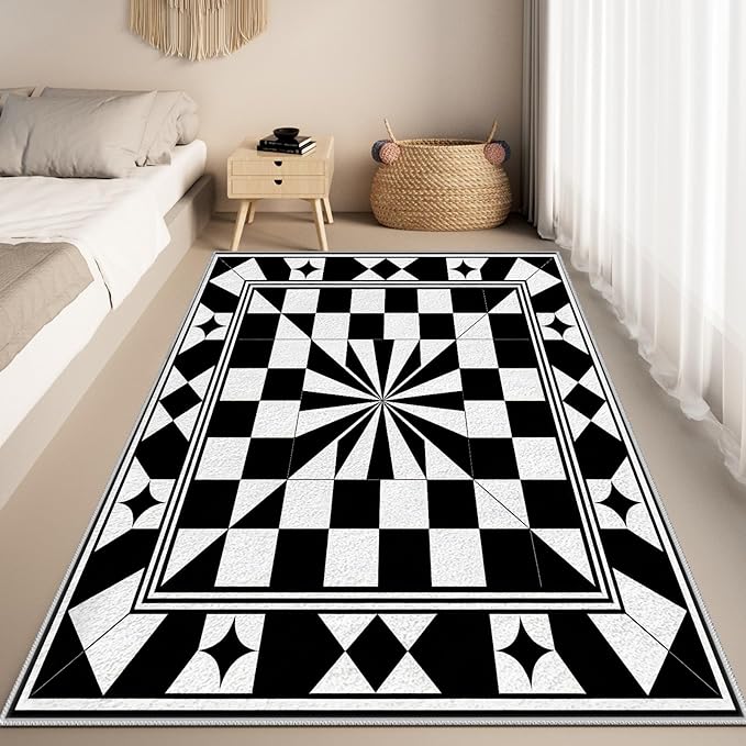 Black and White Checkered Rug, Checkered Rug, Modern Geometric Pattern Carpet, Retro Machine Washable Non Slip Area Rugs, Contemporary Rugs for Living Room/Bedroom 6x8