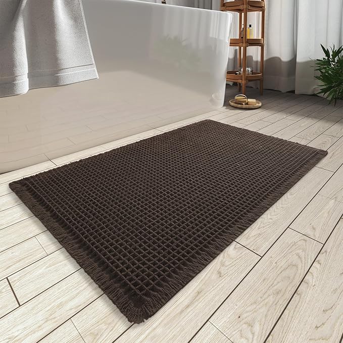 AMOAMI Upgraded Waffle Bath Mat, Super Absorbent Non Slip Bath Mats for Bathroom Floor, Machine Washable Bathroom Rugs with Tassels, Rubber Backed Bathroom Mats, Ultra Soft, 24" x 36", Chocolate