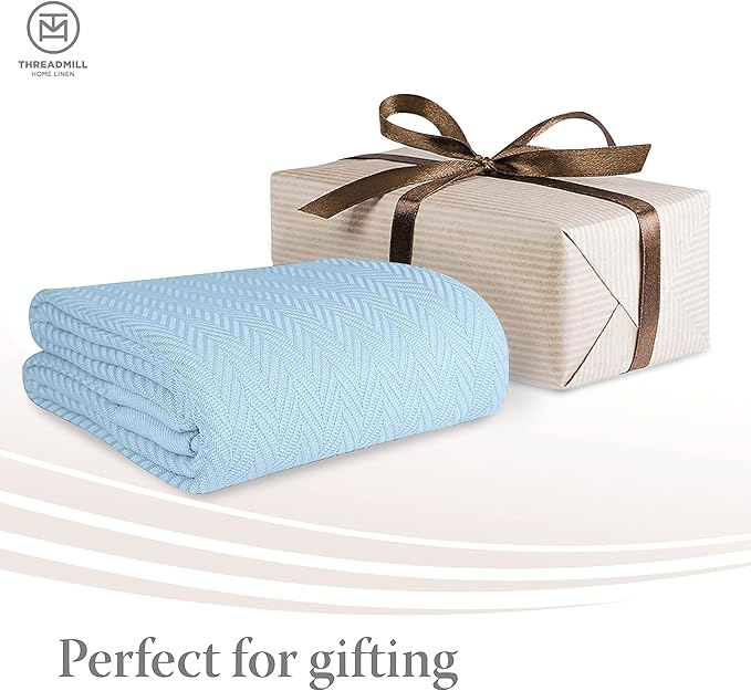 Threadmill Luxury Cotton Blankets for King Size Bed | All-Season Cozy 100% Cotton King Size Blanket | Herringbone Soft Fall Thermal Blanket fits Cal King Size Bed | Light Blue