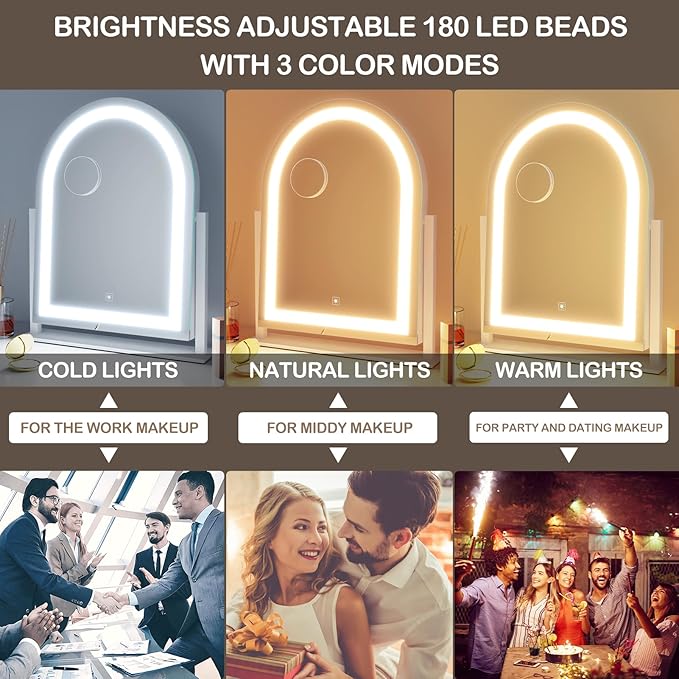 Lighted Makeup Mirror, Hollywood Vanity Mirror with Lights, Three Color Lighting Modes, and Detachable 10X Magnification Mirror, Smart Touch Control, 360°Rotation (15.2in White)