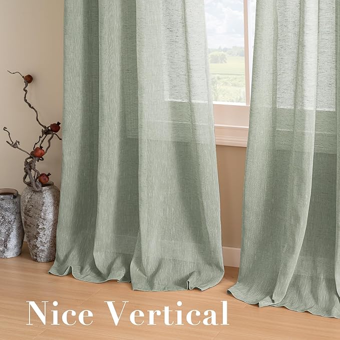H.VERSAILTEX Linen Curtains Natural Linen Blended Curtain Panels for Living Room/Light Reducing Linen Semi Sheer Curtains 72 inch Length 2 Panels Set Nickel Grommet Window Panels, Sage