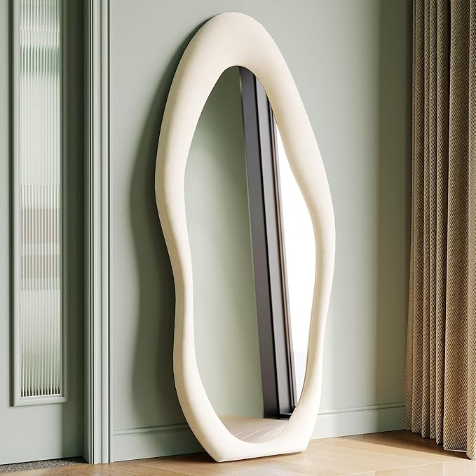 Honyee Full Length Mirror, 63" x 24" Wall Mirror, Flannel Wrapped Wooden Frame Full Body Mirror, Irregular Wavy Mirror Hanging or Leaning Against Wall for Cloakroom/Bedroom/Living Room, Ivory White