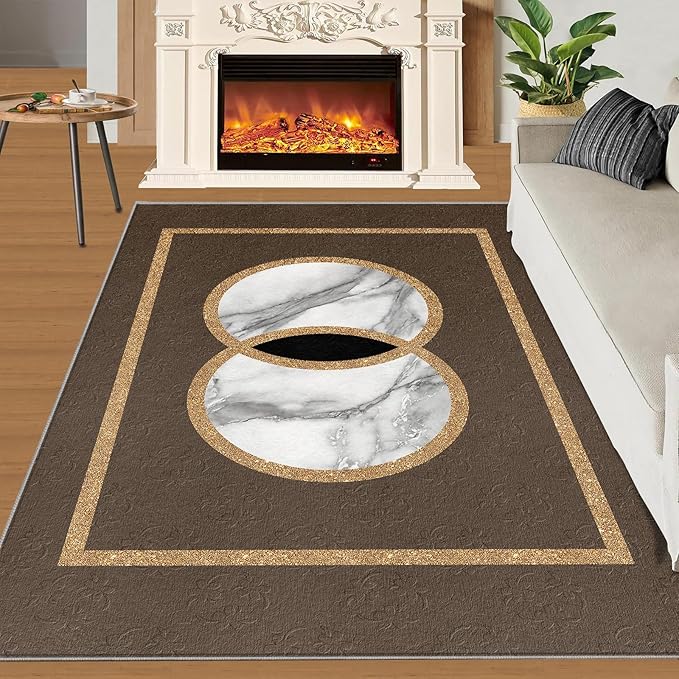 Brown Marble Bedroom Rug Vintage Mid-Century Geometric Rug Marble Pattern Decor Rugs Circle Rectangle Gilded Geometry Floor Mat Elegant Decor for Living Room 3x5ft