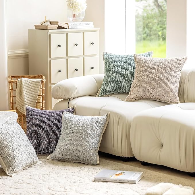 Emvency Beige Textured Boucle Throw Pillow Covers 18x18 Inches Set of 2, Boho Farmhouse Striped Chic Modern Art Square Decorative Couch Pillowcases for Home Decor Bedroom Sofa Living Room
