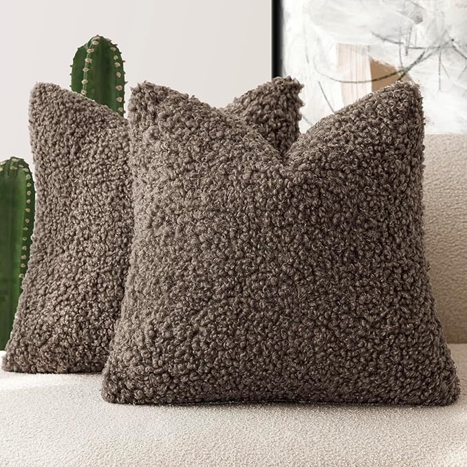 Foindtower 2 Pieces 22x22 Inch Chocolate, Faux Fur Throw Pillow Cover Accent Sherpa Pillow Fuzzy Soft Pillowcases Sheepskin Decorative Fleece Cushion Case for Bed Couch Living Room