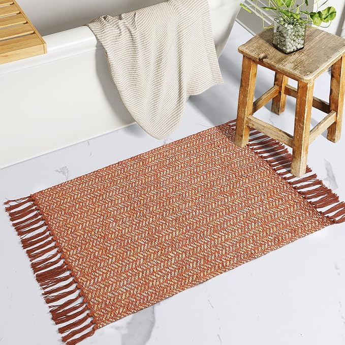 Lahome Boho Fall Kitchen Rug, 2x3 Bathroom Rug Lightweight Indoor Door Mats for Entryway Small Cotton Area Rug with Tassels, Farmhouse Washable Throw Rugs Low Pile Carpet for Bedroom