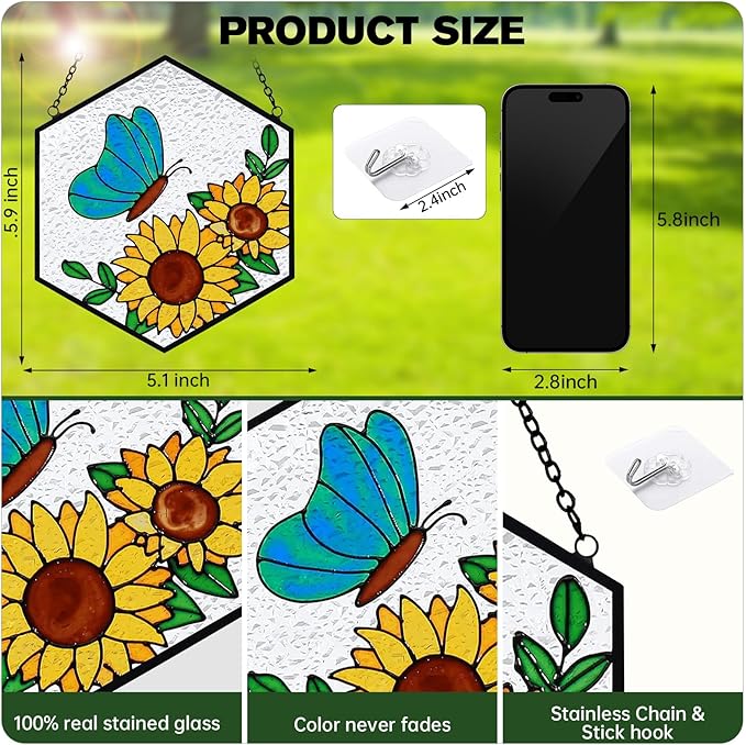 Stained Glass Butterfly Sunflower Suncatcher Window Hanging Ornament, Light Transmission Hand Paint Sun Catchers for Women Gifts, for Lover
