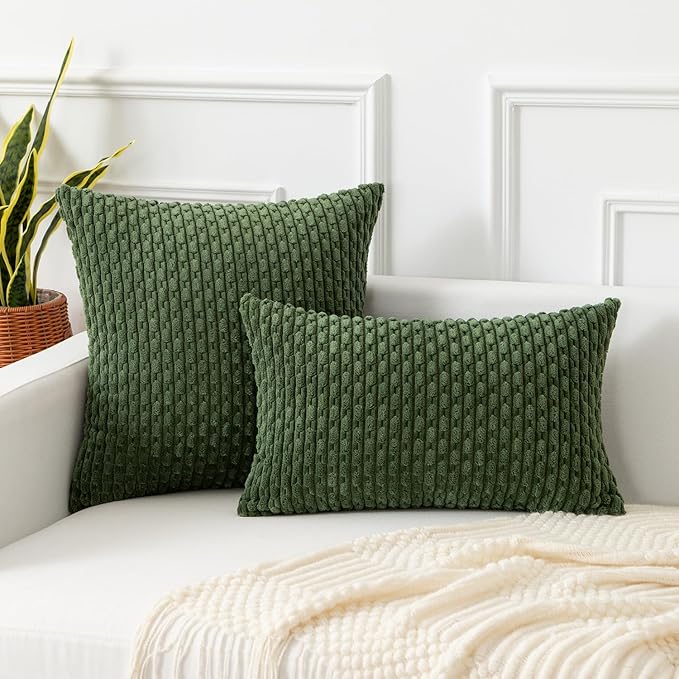 Kevin Textile Throw Pillow Covers Soft Corduroy Decorative Set of 2 Boho Striped Pillow Covers Pillowcases Farmhouse Home Decor for Couch Bed Sofa Living Room 24x24 Inch Moss Green