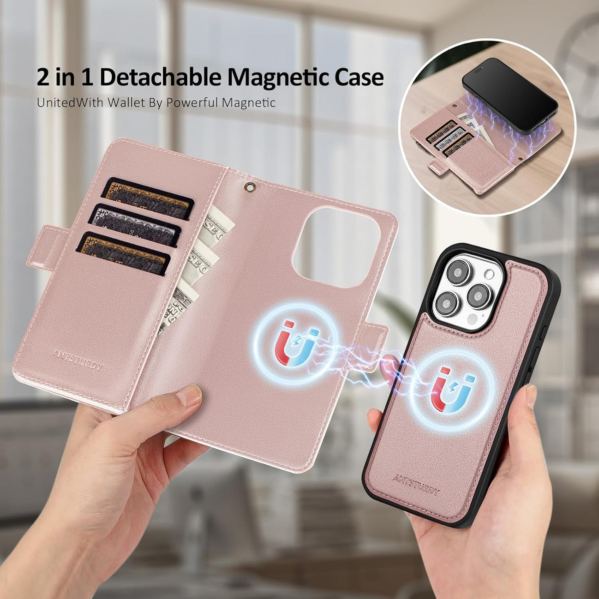 Antsturdy 2 1 12 6.1"/12 Compatible with Magsafe Magnetic in Detachable iPhone Pro Wallet Case with Credit Card Holder