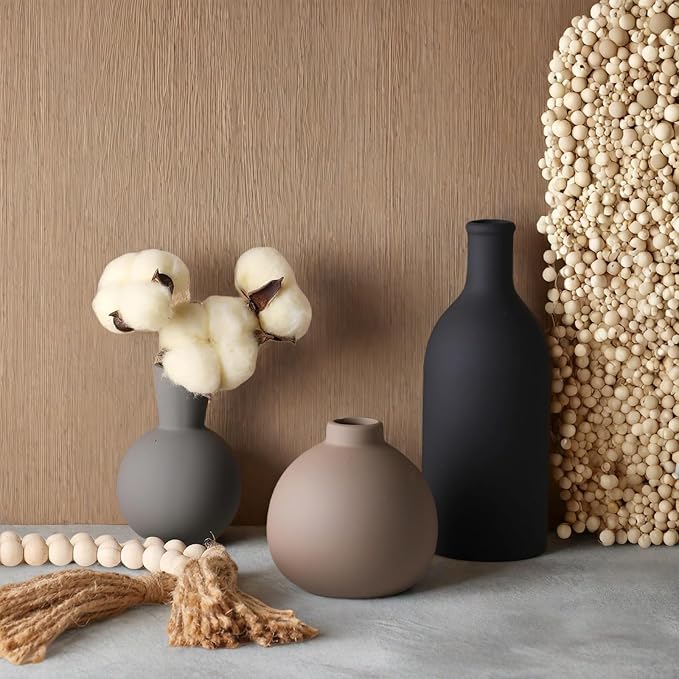 Ceramic Vase Set of 3, Vases Home Decor, Neutral Rustic Modern Farmhouse Decor, Pottery Vases for Pampas Grass Dried Fresh Flowers, Living Room Kitchen Bedroom Bathroom Entryway Mantel Shelf (Black)