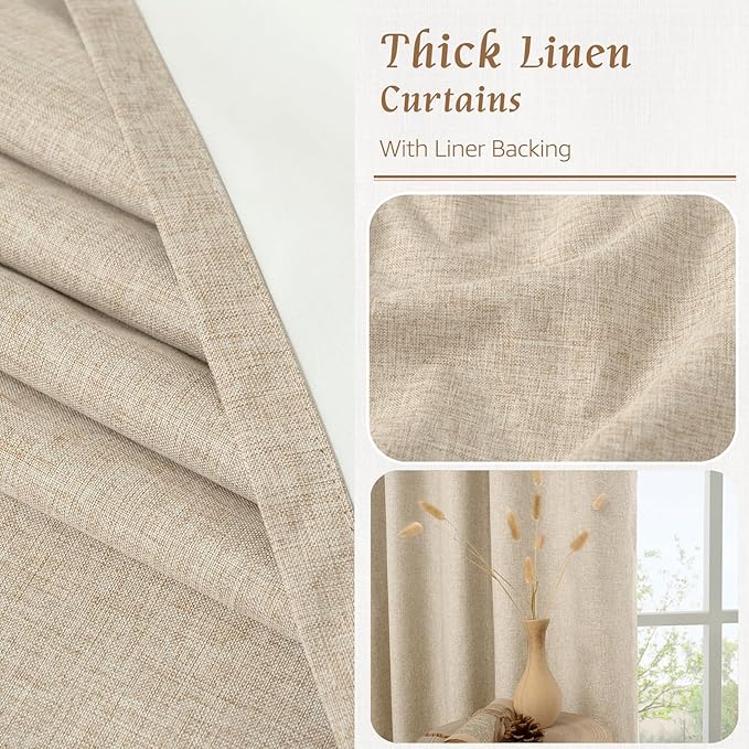 LAMIT 100% Blackout Natural Linen Curtains, 63 Inches Linen Textured Thermal Bedroom Curtains Back Tab and Rod Pocket Neutral Panels with White Liner for Farmhouse, 2 Panels, 52 x 63 Inch