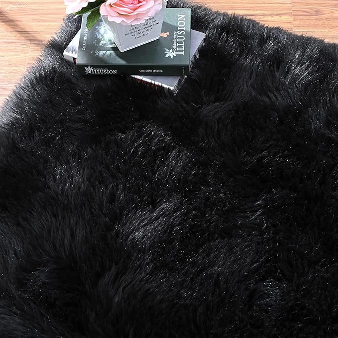 Black Faux Sheepskin Washable Fluffy Fur Rugs for Bedroom Fuzzy Nursery Rug 3x5 Rectangle Rug Cute Room Home Décor