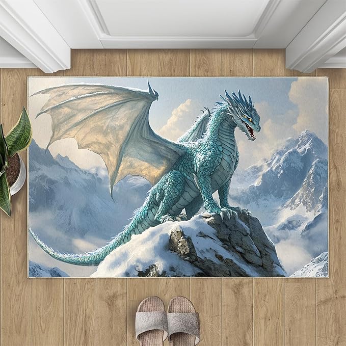 Dragon Area Rug 6x8 Washable Rug Fantasy Animals Rugs for Living Room Winter Landscape Non Slip Carpet Floral Print Mat Bedroom Bathroom