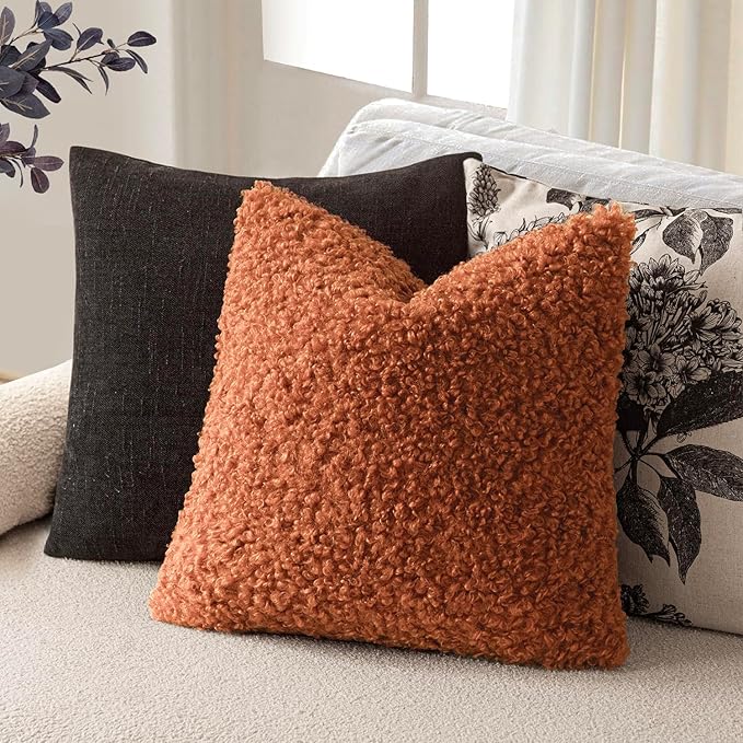 Foindtower 2 Pieces 22x22 Inch Burnt Orange, Faux Fur Throw Pillow Cover Accent Sherpa Furry Pillow Cover Fuzzy Soft Pillowcases Cozy Sheepskin Decorative Fleece Cushion Case for Bed Couch Living Room