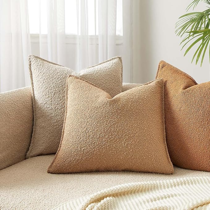 JUSPURBET 24x24 Pillow Covers Set of 2 Decorative Throw Pillow Covers Case for Couch Sofa Bed Soft Boucle Textured Cushion Covers with Hidden Zipper for Home Decor Living Room,Camel