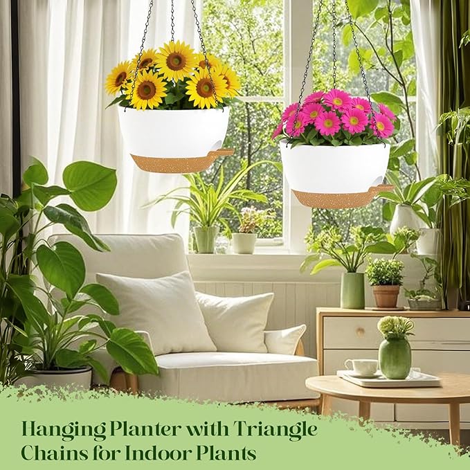 10 Inch Hanging Planters with Chains 2 Pack Self Watering White Brown Plastic Hanging Pots for Indoor Outdoor Plants, Garden Porch Home Decor (White Brown)