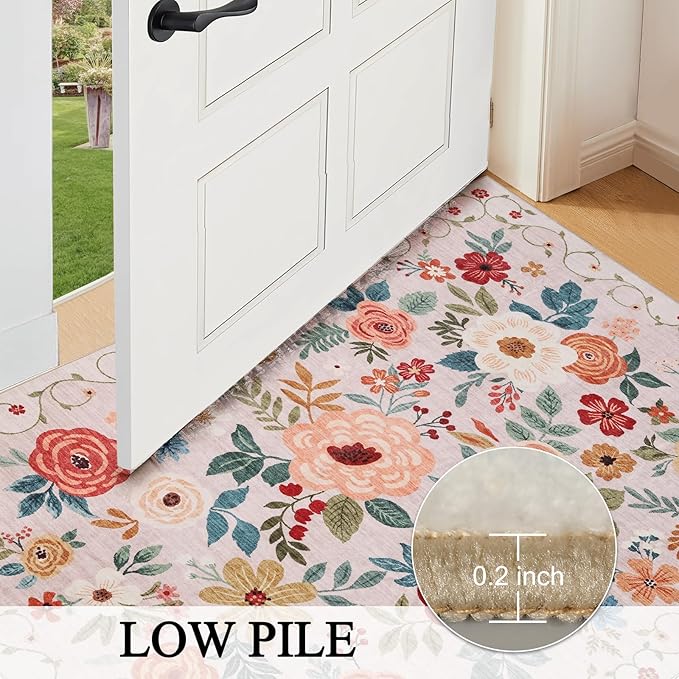 DUKINO 2x5 Runner Rug for Hallway, Washable Kitchen Floral Runner Rug with Non Slip Backing, Low Pile Soft Boho Carpet for Kitchen, Hallway, Entryway, Laundry, Bedroom, Beige