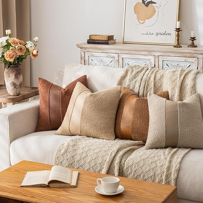 22"x22" Khaki Boucle Pillow Covers with Faux Leather Accents Set of 2 Fluffy Textured Decorative Throw Pillow Cases for Couch Bed Boho Farmhouse Square Cushion Covers for Home Décor