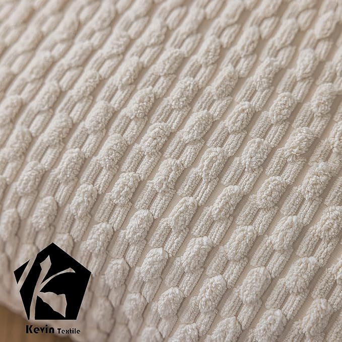 Kevin Textile Decorative Throw Pillow Cover Striped Corduroy Plush Texture Velvet Euro Cushion Cover for Bed 24 x 24 Inch (60cm) Set of 2 Cream