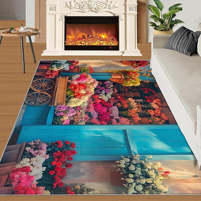 Pastoral Flowers 4x5 Area Rug Colorful Flower Shop Washable Rugs for Living Room Bedroom, Retro Wooden Door Soft Low Pile Non Slip Accent Floor Mat Print Throw Rug Indoor Carpet Dining Room Playroom
