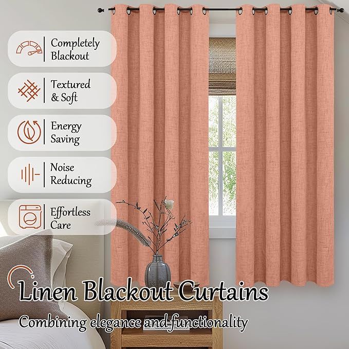 Lajode 100% Linen Blackout Curtains for Bedroom Living Room 45 Inch Long 2 Panels, Thermal Insulated Light Blocking Soundproof Curtains, Noise Reducing Window Drapes 52x45 Inch 2 Panels, Terracotta
