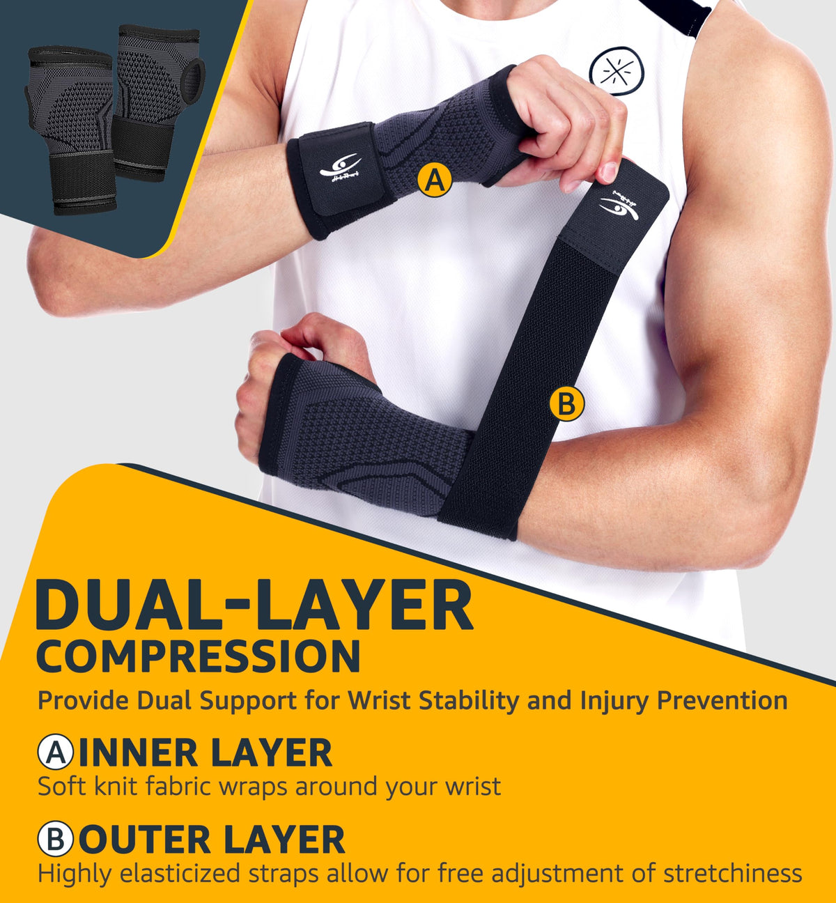 HiRui 2-Pack Wrist Brace Wrist Wraps, Hand Compression Sleeves with Wrist Straps Support for Fitness Weightlifting MTB Tendonitis Carpal Tunnel Arthritis Pain Relief (Black, Large)