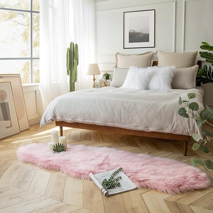 Ashler faux fur rug, Fluffy Shaggy Area Rug Ultra Soft 2 x 6 Feet Sheepskin Fur Rug, Pink Fuzzy Rug Machine Washable Shag Rug, Nursery Decor Throw Rugs for Bedroom, kids room, Living Room