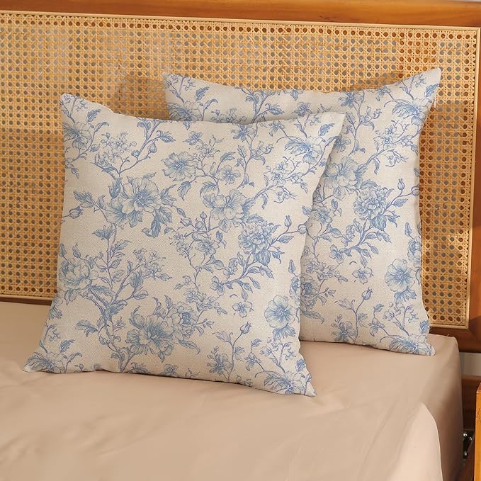 Baby Blue Pillow Covers 16x16 Set of 2 Blue and Cream Floral Chinoiserie Throw Pillows Vintage Rustic Toile Flower Decorative Pillowcase Outdoor Chinoiserie Decor Cushion Case for Couch Sofa