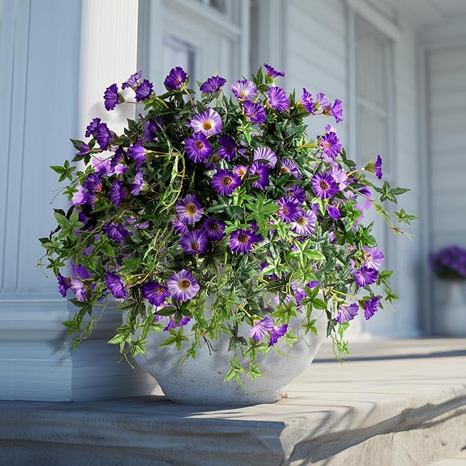 Artificial Flowers Artificial Petunias for Outdoors 2PCS Artificial Hanging Plants Outdoors Silk Flowers with Stems Outdoor Flowers Uv Resistant for Porch Decor Terrace Decor（Purple with Pot）