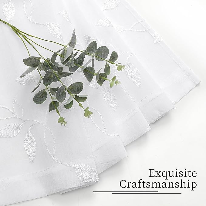 Tollpiz White Leaf Sheer Curtains Leaves Embroidered Living Room Short Curtain Rod Pocket Voile Window Treatments for Bedroom, 54 x 45 inches Long, Set of 2 Panels