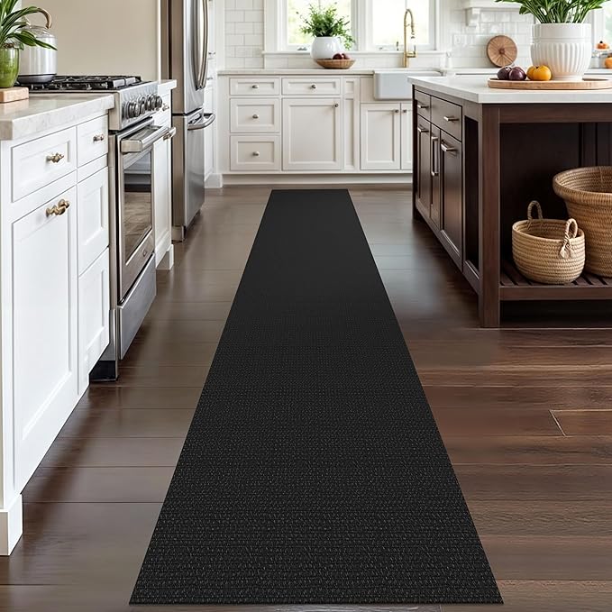 IOHOUZE Washable Runner Rug 2x12 Non Slip Rubber Backed Extra Long Hallway Runner Entryway Runner Indoor, Kitchen Rugs Woven Cotton Floor Carpet for Hall Stair, Black/Grey