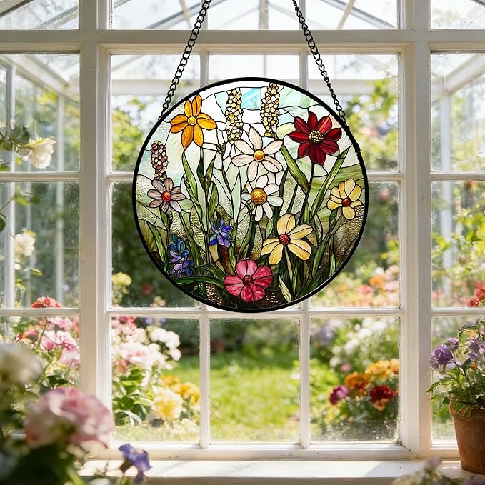 DASTOLL Stained Glass Window Hanging, Colorful Wildflowers Plant Scenery Suncatcher for Doors Window Home White Green Sun Catchers Decor Mother's Day Birthday Gifts for Women, Men Mom 7.8 in