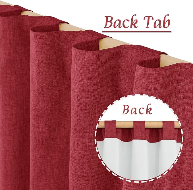 LAMIT Red 100% Blackout Linen Curtains, 63 Inches Linen Textured Thermal Bedroom Panels Back Tab and Rod Pocket Neutral Drapes with White Liner for Christmas Decor, 2 Panels, 38 x 63 Inch