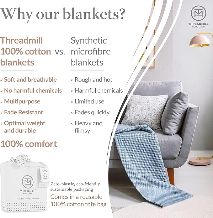 Threadmill Luxury Cotton Blankets for Queen Size Bed | All-Season 100% Cotton Queen Size Blanket | Herringbone Soft Breathable Fall Thermal Blanket fits Full Size Bed | Folkstone Blue