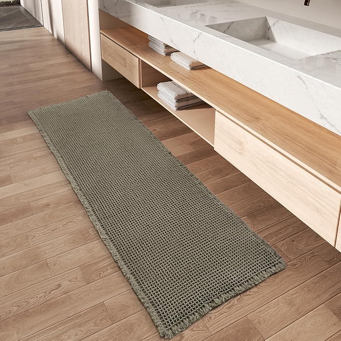 Upgraded Waffle Runner Rug, Super Absorbent Non Slip Bath Mats for Bathroom Floor, Machine Washable Bathroom Runner Rug with Tassels, Ideal for Hallway Bedroom Laundry Room, Dark Green, 17" x 72"