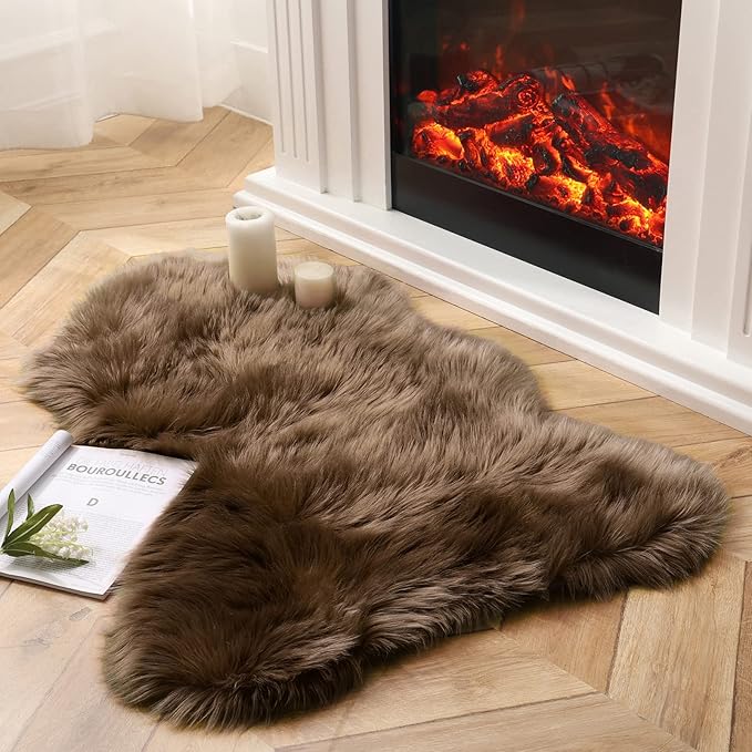Ashler Faux Fur Rug, Fluffy Shaggy Area Rug, Ultra Soft 2.3 x 3.3 Feet Sheepskin Fur, Dark Coffee Fuzzy Rug, Machine Washable Shag, Nursery Decor Throw for Bedroom, Kids Room, Living Room