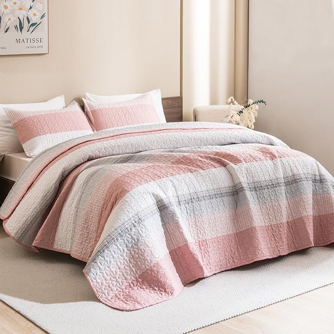 Litanika Quilt Queen Size Pink, Stripe Patchwork Summer Bedspread Coverlet 3 Pieces, Soft Lightweight Microfiber Quilted Bedding Set for All Season(1 Quilt, 2 Pillowcases)