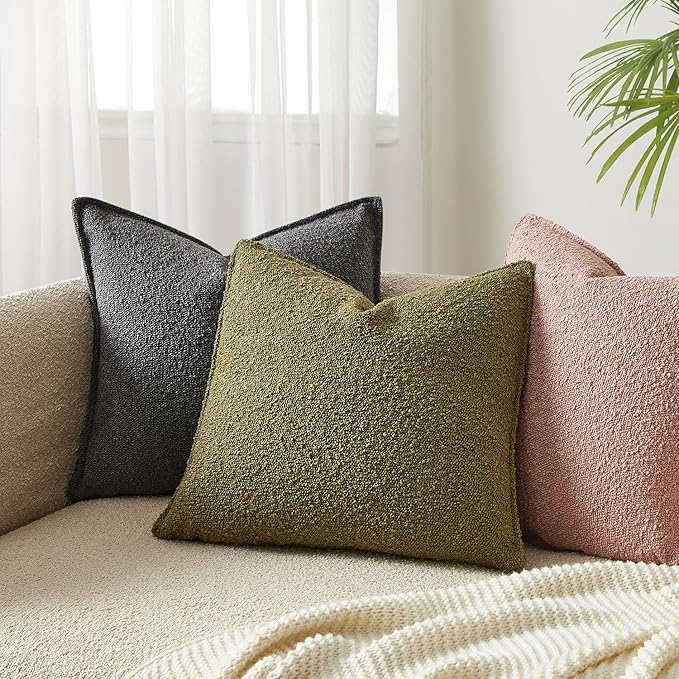 JUSPURBET Pillow Covers Set of 2 Decorative Throw Pillow Covers Case for Couch Sofa Bed Soft Boucle Textured Cushion Covers with Hidden Zipper for Home Decor Living Room 16x16,Olive Green
