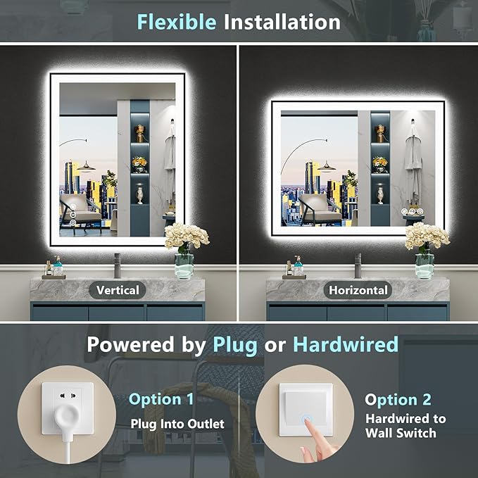 36x36 Black Framed LED Bathroom Mirror with Lights, Backlit & Front Lit, Anti-Fog Lighted Vanity Mirrors for Bathroom Wall, Dimmable, 3 Colors, Memory, Shatter-Proof, Tempered Glass, CRI＞90