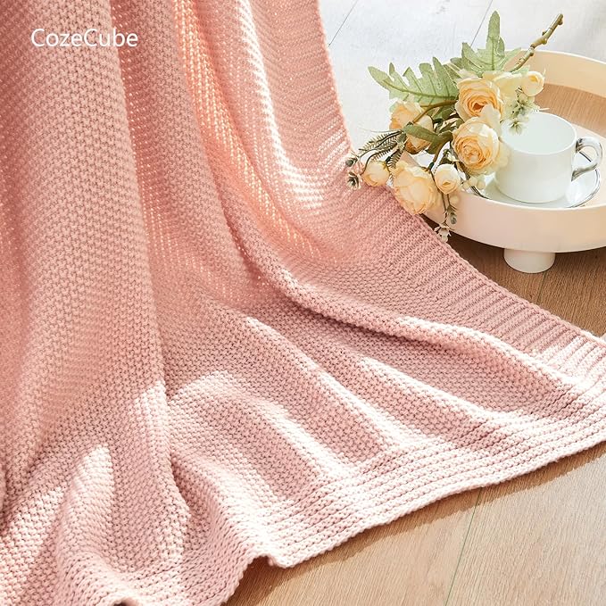 CozeCube Pink Throw Blanket for Couch, Soft Cozy Cable Knit Throw for Bed Sofa Living Room, Lightweight Warm Decorative Farmhouse Christmas Blanket, 50"x60", Pink
