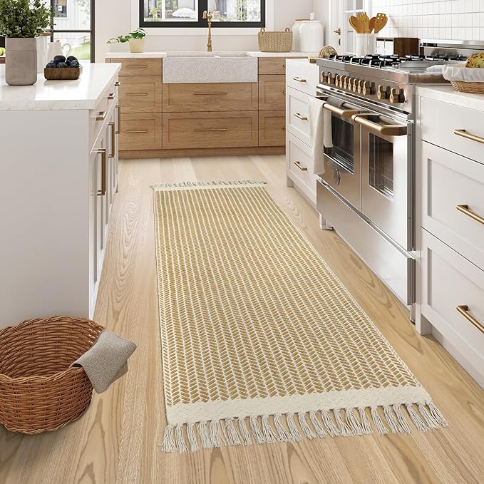 Lahome Boho Bathroom Runner Rug, 2x6 Laundry Room Lightweight Entry Runner Woven Cotton Throw Carpet with Tassels, Farmhouse Non Shedding Washable Rugs Low Pile for Kitchen Hallway, Khaki