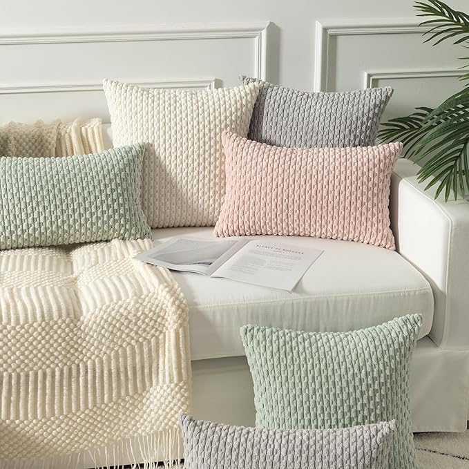Kevin Textile Decorative Throw Pillow Cover Striped Corduroy Plush Texture Velvet Euro Cushion Cover for Bed 24 x 24 Inch (60cm) Set of 2 Cream