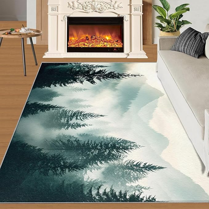 Misty Forest 3x4 Area Rug Natural Landscape Washable Rugs for Living Room Bedroom, Green Woods Soft Low Pile Non Slip Accent Floor Mat Print Throw Rug Indoor Carpet Dining Room Playroom