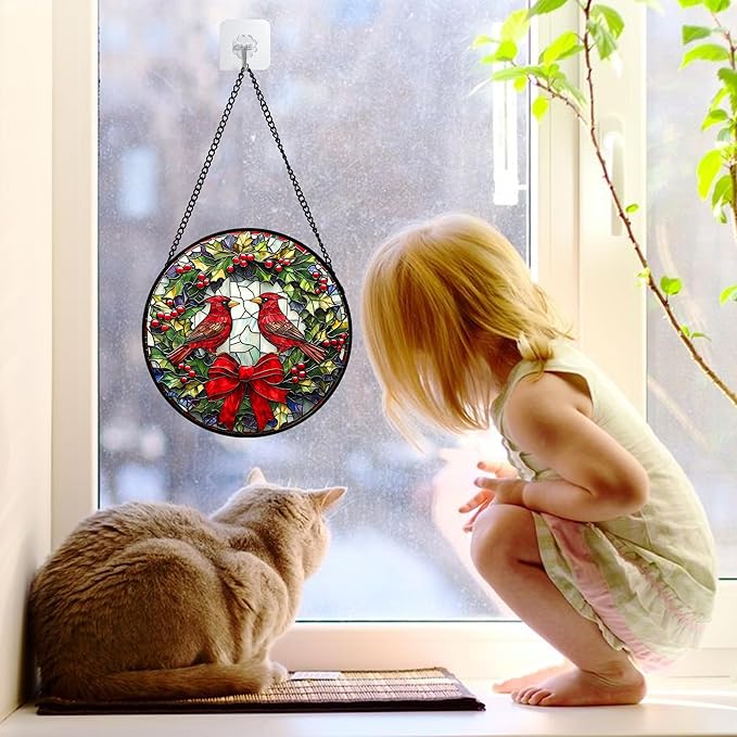 Stained Glass Window Hanging - Cardinals Green Wreath Suncatcher for Doors Home Christmas Decoration Red Bird Sun Catcher Thanksgiving New Year Birthday Gift for Women Men Mom Nana 6.3 in