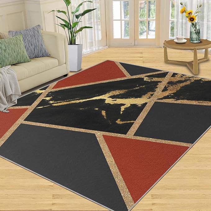 Black Gold Marble Area Rug Modern Abstract Marble Rug Polygonal Geometric Patchwork Carpet 3D Light Luxury Geometric Line Carpet for Living Room Playroom 8x10ft