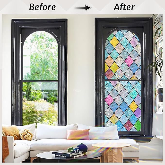 rabbitgoo Stained Glass Window Film Rainbow Film Decorative 3D Privacy Sticker Colorful Lattice Window Decals Cling, Sun Catcher Static Decals for Home 17.5"×118.1"